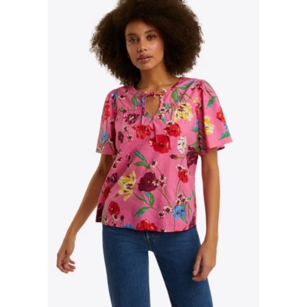 Draper James Pink Floral Lurex Cotton V-Neck Blouse Top Sz 1X New